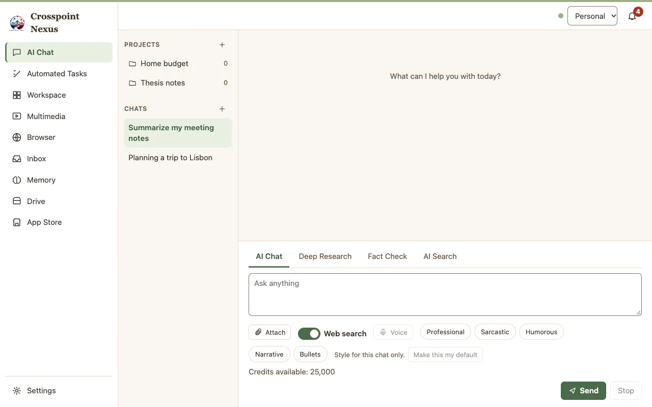 The AI Chat screen. A sidebar lists projects and recent chats. The main area asks what it can help with, with mode tabs for AI Chat, Deep Research, Fact Check, and AI Search above a message box that has Attach and Web search controls.