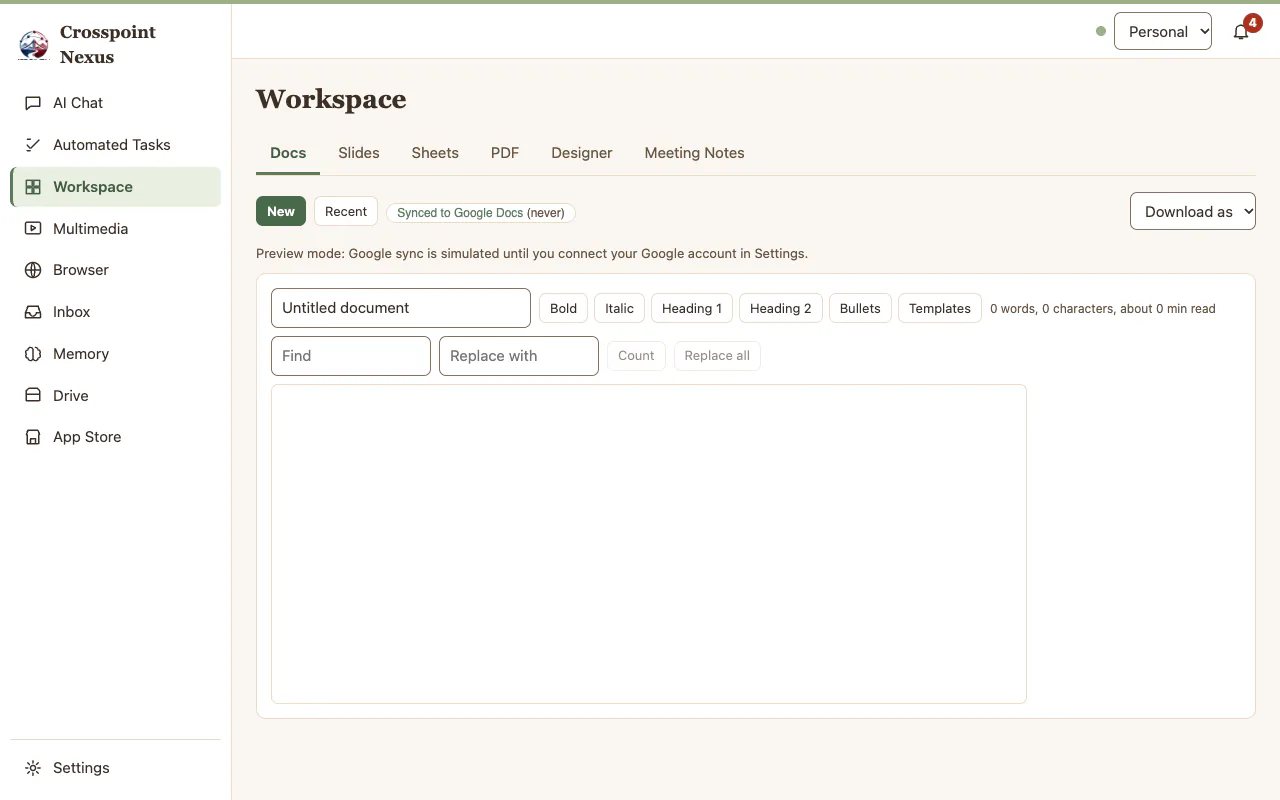 The Workspace screen on the Docs tab. Tabs for Docs, Slides, Sheets, PDF, Designer, and Meeting Notes sit above a document editor with find and replace, formatting buttons, and a Download as menu.